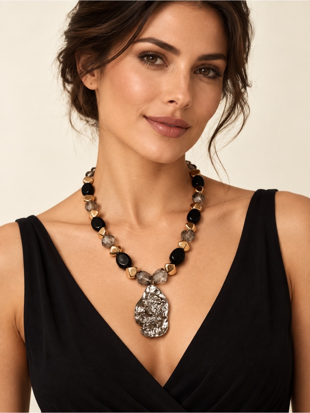 Black & Smoky Beaded Statement Necklace with Hammered Silver-Tone Pendant